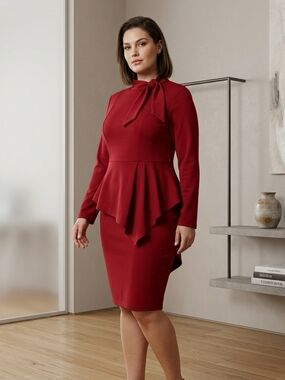 Tie-Neck Red Peplum Long Sleeve Dress